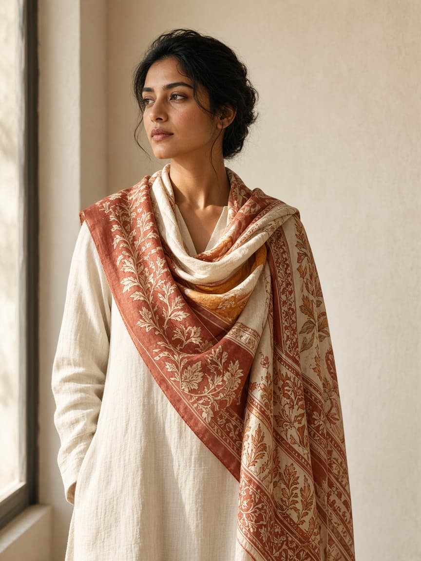 Ivory scarf worn editorially