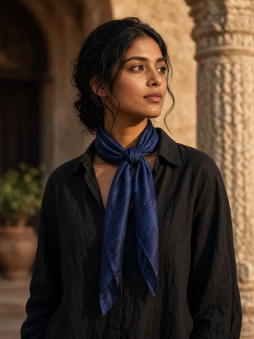 Indigo Bloom scarf worn as a neck knot