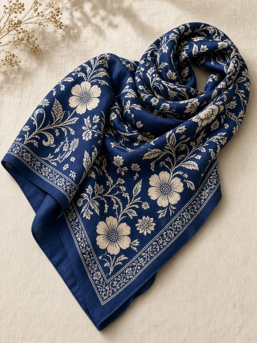 Indigo Bloom scarf laid in folds