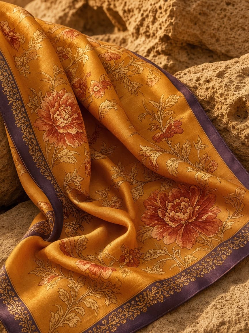 Saffron Bloom scarf on sandstone