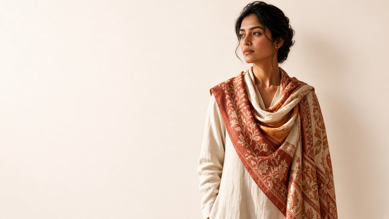 Model wrapped in an ANJANEYA scarf
