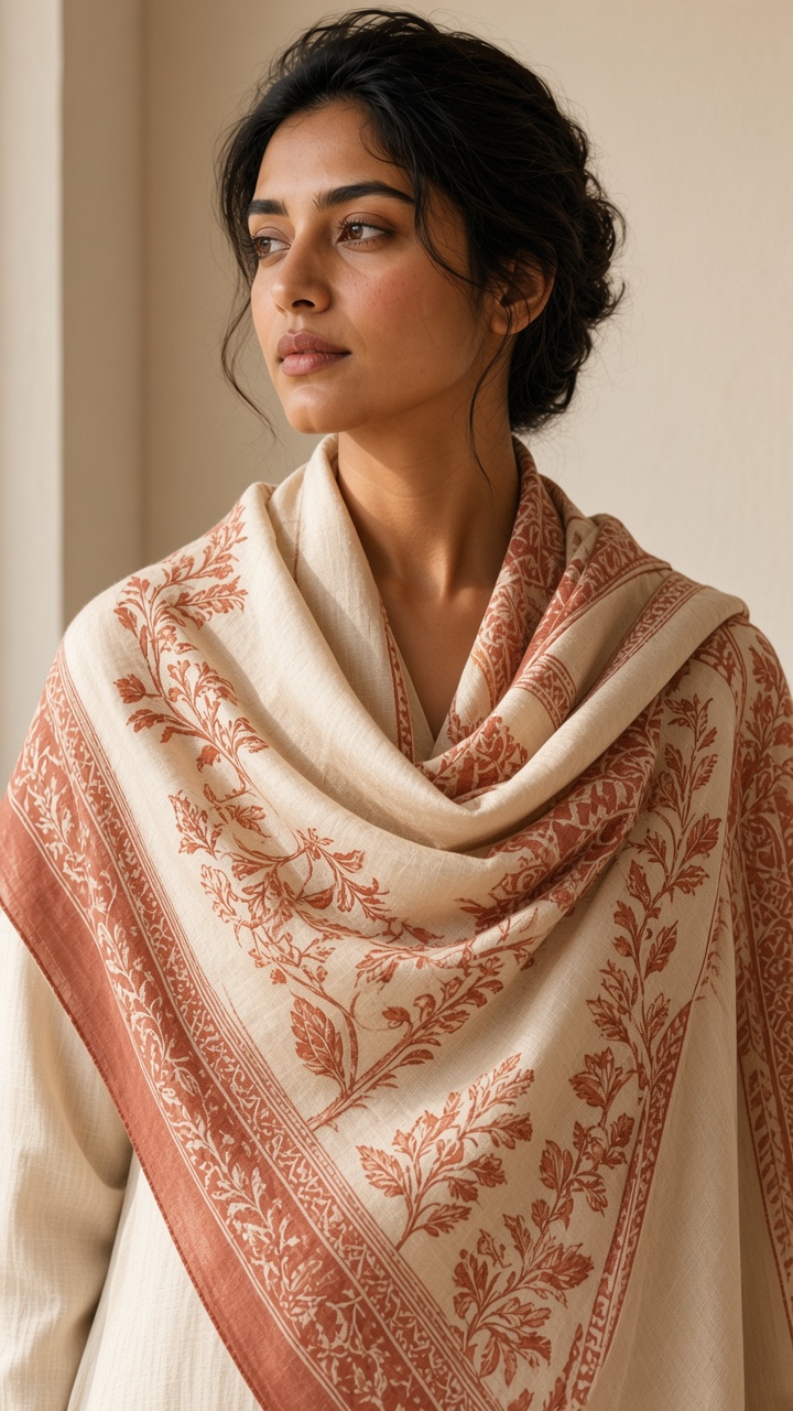 Model wrapped in an ANJANEYA scarf